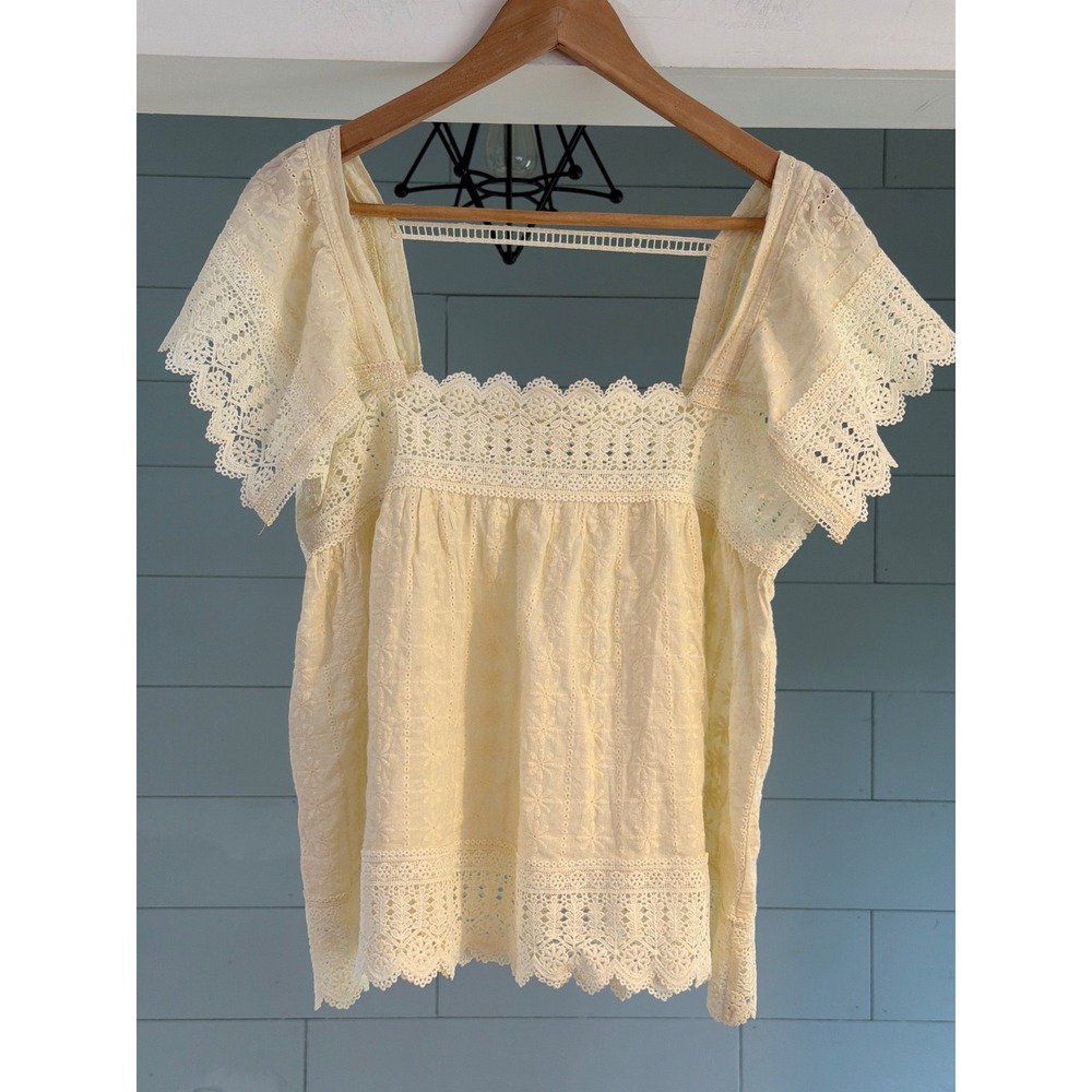 Ellison Cream Yellow Eyelet Lace Flutter Sleeve Babydoll Blouse RT2835-6 Mens M
